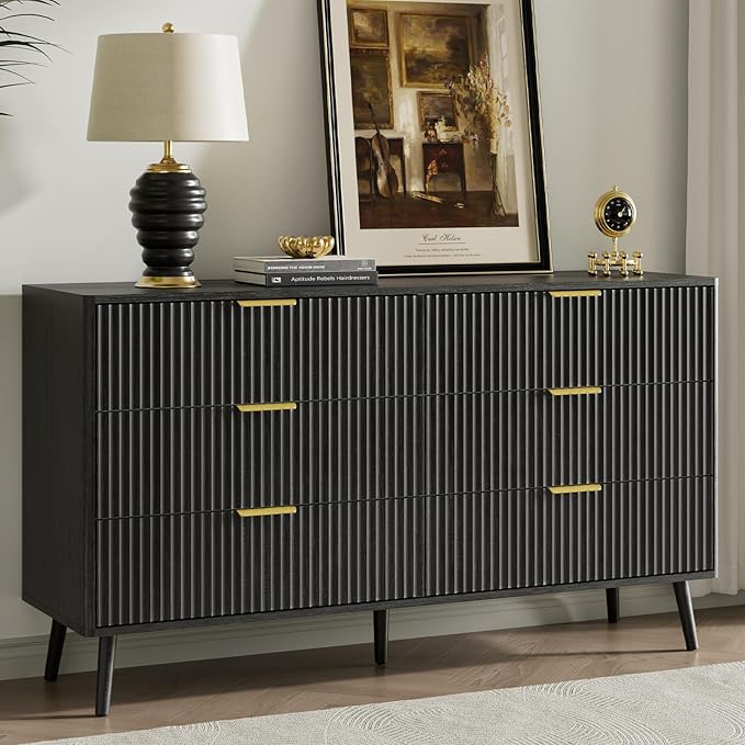 LYNSOM Fluted Dresser and Nightstand Sets 4 Piece, 2-Drawer Nightstands and 5/6 Drawers Dresser, Wood Bedroom Furniture Set for Home, Bedroom, Black