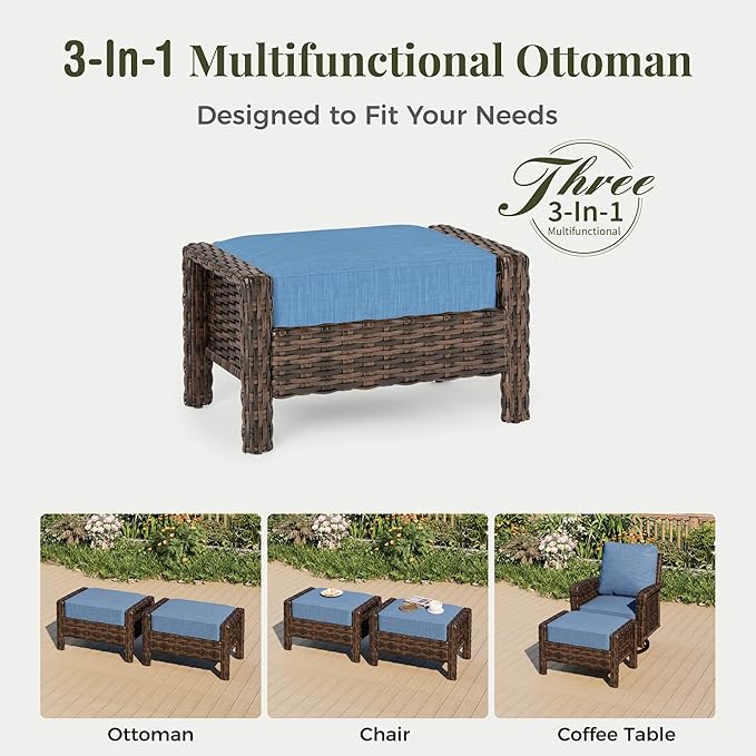 5-Piece Wicker Patio Furniture Set with Swivel Chairs, High Back Outdoor Furniture with 5.5-inch Thick Cushion and Ottoman, All-Weather Wicker Patio Conversation Set for Deck Lawn, Navy Blue