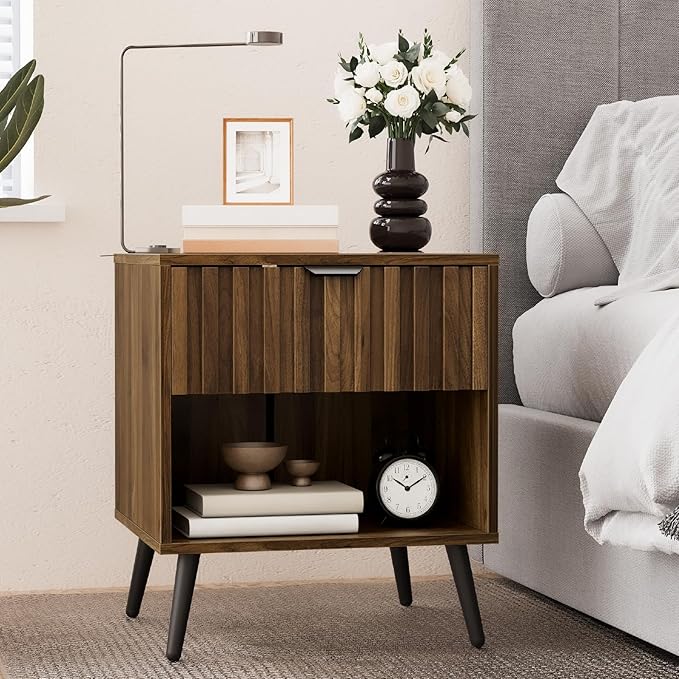 Smuxee Walnut Wooden Night Stand, Mid Century Nightstand with Fluted Drawer, Bedside Table with Open Shelf, Modern End Side Table for Bedroom by Smuxee