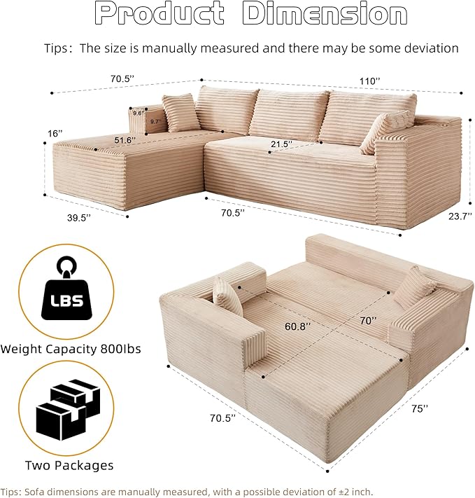 110" Boneless Couch, L Shaped Sofa with Deep Seat, Beige Couch Corduroy Cloud Sectional with Left Facing Chaise, for Living Room Bedroom