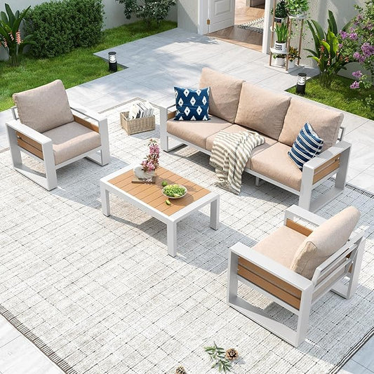 Aoxun Aluminum Patio Furniture Set, 5 Seats Luxury Outdoor Sectional with 6" Olefin Fabric Cushions, Patio Conversation Sets with Coffee Table Outdoor Sofas for Backyard, Deck, Porch Beige