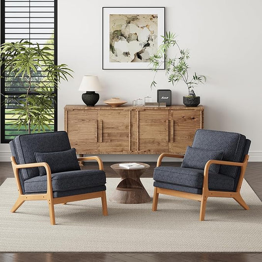 MALOL Accent Chair Set of 2 with Solid Wood Frame, Mid-Century Relaxing Armchair Lumbar Pillow& Soft Cushion, Reading Leisure Chair for Living Room, Bedroom, Waiting Room-Blue