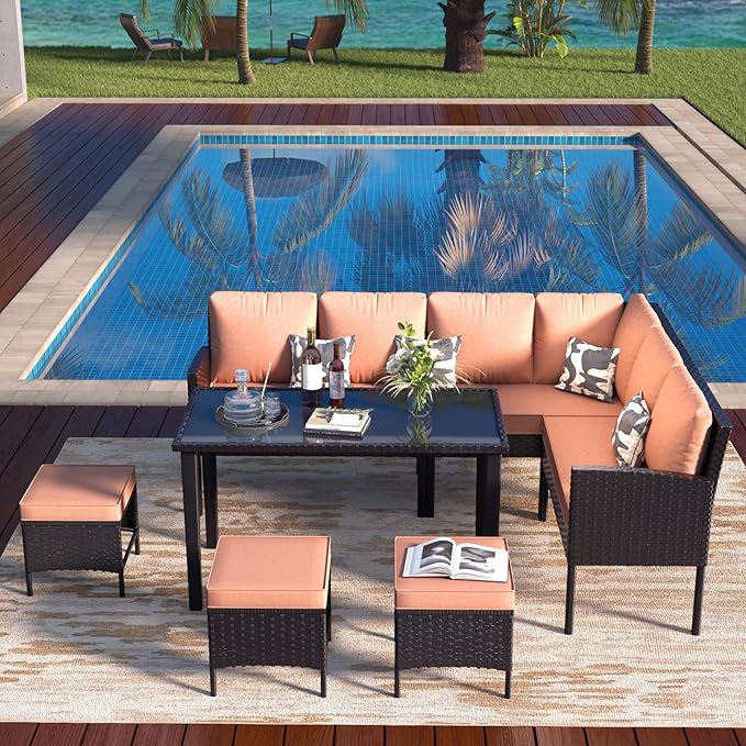 7 Pieces Patio Conversation Set, Outdoor Furniture Sectional with Throw Pillows and Anti-Slip Cushions, PE Rattan Sofa Set with Dining Table & Ottomans, Khaki