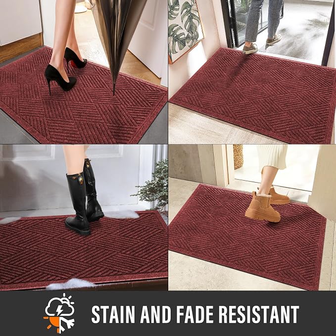 HIYARD Sturdy Front Door Mat, Absorbent Muddy Dirt Resist Welcome Door Mats Outdoor Indoor, Stain and Fade Resistant, Non-Slip Rubber Backing Low Profile Doormat for Entryway, 47×32, Red - Image 5