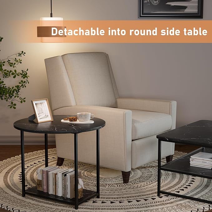 WOHOMO Coffee Table, Black Modern Coffee Tables for Living Room 2 in 1 Detachable Small Center Table Set with Storage, Black Marble