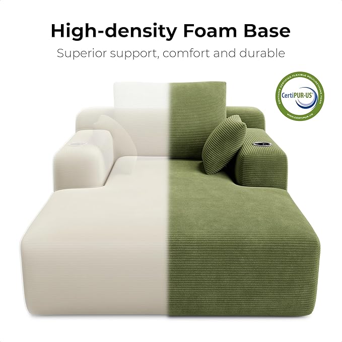 LIKIMIO 71.6" Oversized Chaise Lounge Chair Indoor, Corduroy Cloud Couch with 2 Cup Holders & Storage Pockets, No Assembly 2-in-1 Sleeper Sofa Bed, Deep Seat Reading Chair for Living Room (Green) | Chaise Lounge Indoor, OEKO‑TEX corduroy, Cup holders|s...