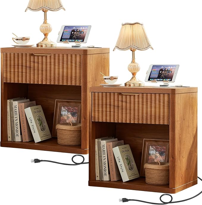 LEYAOYAO Fluted Farmhouse Nightstand Set of 2 with Charging Station, 23" Wide 1 Drawers Night Stand,Brown Dresser for Bedroom,Bed Side Table Chest of Drawers,Wood End Table for Living Room by LEYAOYAO-Findtheshiningpointofyourideallife%EF%BC%81