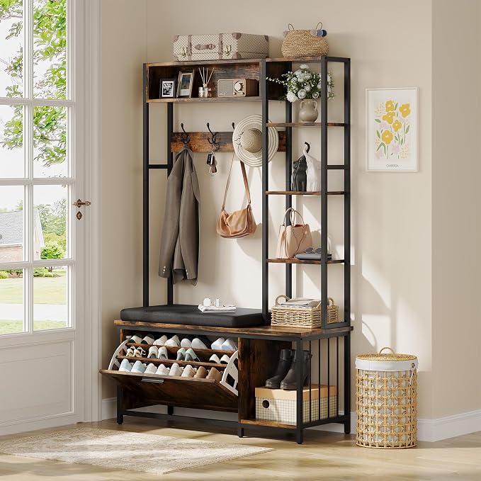 Hall Tree Coat Rack, Hall Tree With Bench and Shoe Storage Shoe With, Mud Room Storage Furniture，39.37 X 15.74 X 69.69 Inches, Brown by vividwood