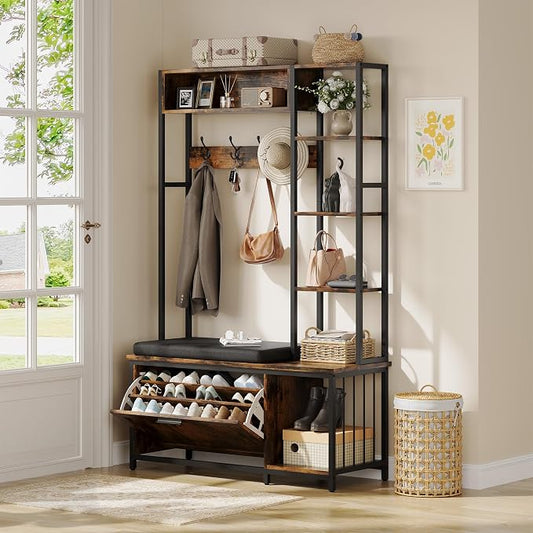 Hall Tree Coat Rack, Hall Tree With Bench and Shoe Storage Shoe With, Mud Room Storage Furniture，39.37 X 15.74 X 69.69 Inches, Brown by vividwood