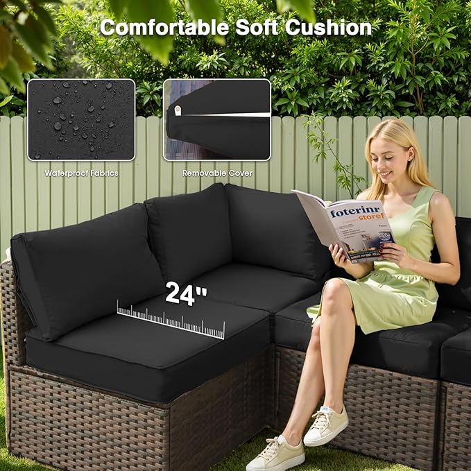 7 Pieces Patio Furniture Set, Rattan Outdoor Sectional Conversation Sets, All Weather Outdoor Furniture Set with Cushions for Garden Lawn Balcony Porch Deck, Black