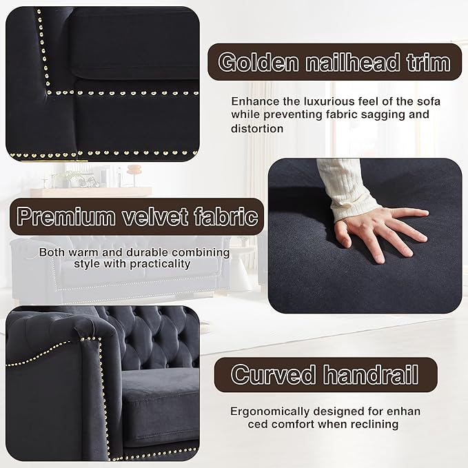 KEIKI 6 Seat Chesterfield Sofa, Upholstered 3+3 Seat Couch with Rolled Arm, Modern Combination Sofa for Living Room, Bedroom, Office, Black