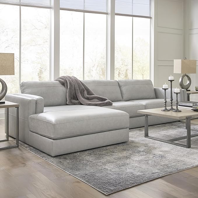 Signature Design by Ashley Amiata Modern L-Shaped Left-Arm Facing Leather Match 2-Piece Sectional with Chaise, Light Gray