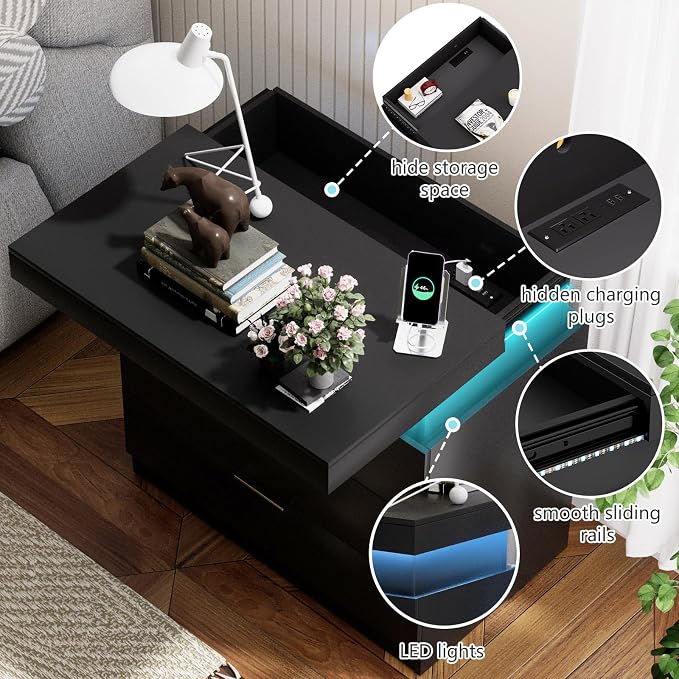 Black Nightstand with Charging Station and LED Lights,30.5 Inch Tall Night Stand with Sliding Top for Bedroom, Bedside Table with 3 Drawers, Modern End Side Table for Living Room - Image 5