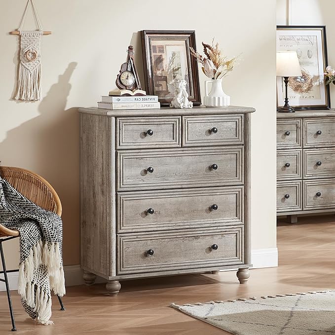 RWYHG Farmhouse 5 Drawer Dresser for Bedroom Set of 2, 35.5" Tall Small Dressers & Chest of Drawers, Rustic Wood Dresser with Roman Column, Storage Organizer for Living Room, Hallway, Closet (Grey) - Image 4