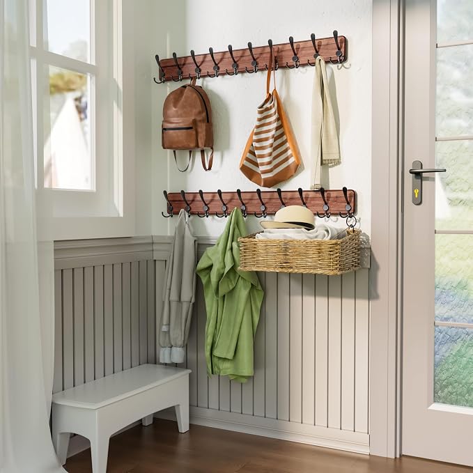 SKOLOO Rustic Large Wall Mounted Coat Rack-38.6'' Long Coat Rack for Wall, Pine Solid Wood Coat Rack Hook, Farmhouse Coat Hanger Wall Mount for Hanging Jacket Coat Hat, Pack of 2 - Image 3