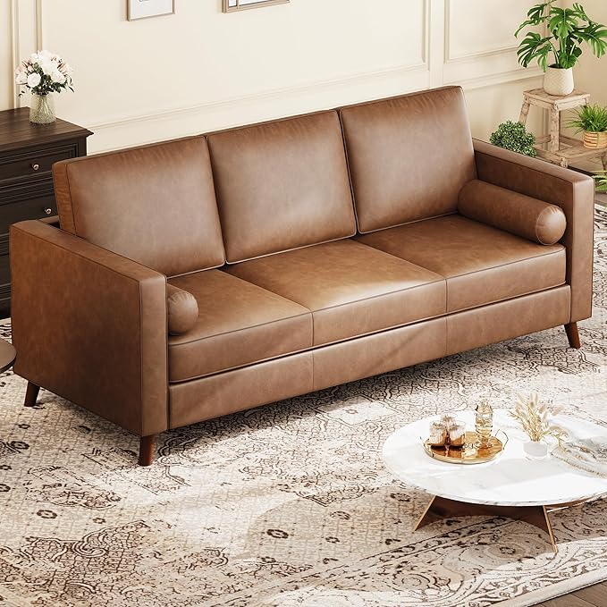 IDEALHOUSE 81" Faux Leather Sofa, Mid Century Modern Deep Seat Couch, Upholstered Cushion&Removable Cover, Brown PU Couch, 3 Seat Sofa for Living Room, Office, Brown