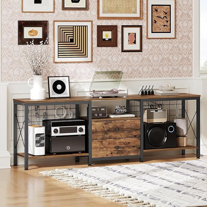 YATINEY TV Stand with Power Outlet Up to 70 Inch, Entertainment Center with 2 Fabric Drawers, TV Console Table with Open Storage Shelves for TVs, Cable Management, for Living Room, Bedroom, DS16UBRY1 - Image 4
