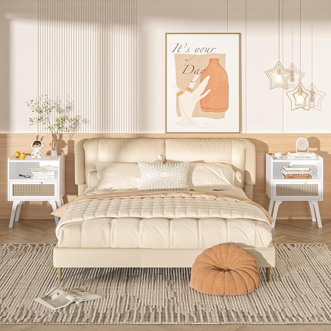 Lerliuo Rattan Nightstands Set of 2, Bedside Table with Drawer Open Shelf, Cane Accent Side End Table with Solid Wood Legs, White Mid Century Night Stand for Bedroom, Dorm and Small Spaces - Image 2