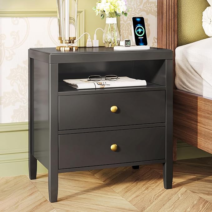 Huuger Nightstand with Charging Station, Black Nightstand with 2 Drawers, Bed Side Table for Bedroom, Bedside Table with Storage, Modern Nightstands, Metal Knobs, Painted Surface by Huuger