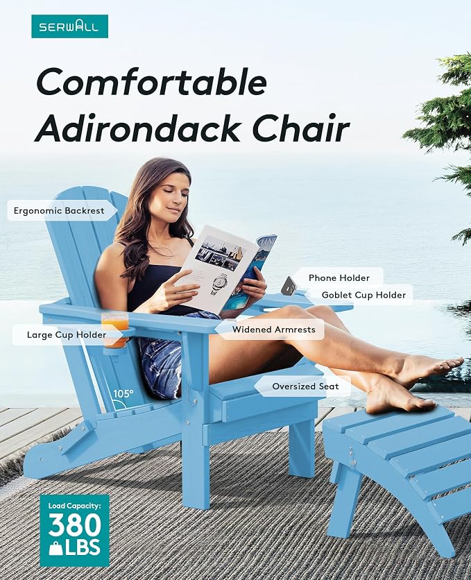 SERWALL Adirondack Chair with Cup Holders - Composite Adirondack Chairs Set of 4 HDPE Outdoor Chairs All Weather Use- Light Blue - Image 3