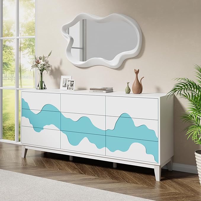 Anbuy Water Stream 9 Drawer Dresser and Water Stream Night Stand Sets for Bedroom, Two Drawers Nightstand Set of 2 & 9 Drawer Dresser Combo 3 Pieces (White)