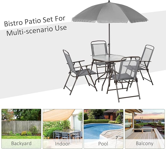Outsunny 6 Piece Patio Dining Set for 4 with Umbrella, Outdoor Table and Chairs with 4 Folding Dining Chairs & Round Glass Table for Garden, Backyard and Poolside, Gray - Image 6