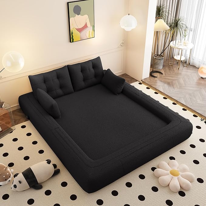 78.7" Convertible Sofa Bed, 3-in-1 Folding Floor Couch with 4 Pillows, Sleeper Sofa for Living Room and Guest Bed, No Assembly Required (Black, Teddy Fabric)