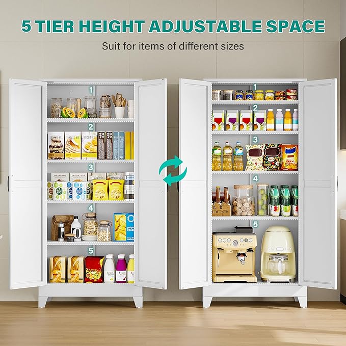 SISESOL Wide & Deep Pantry Storage Cabinet with 2 Doors and 5 Shelves,72" Tall Farmhouse Storage Cabinet,Large Cupboard Closet,White Cabinets for Home,Kitchen,Bathroom,Dining/Living Room