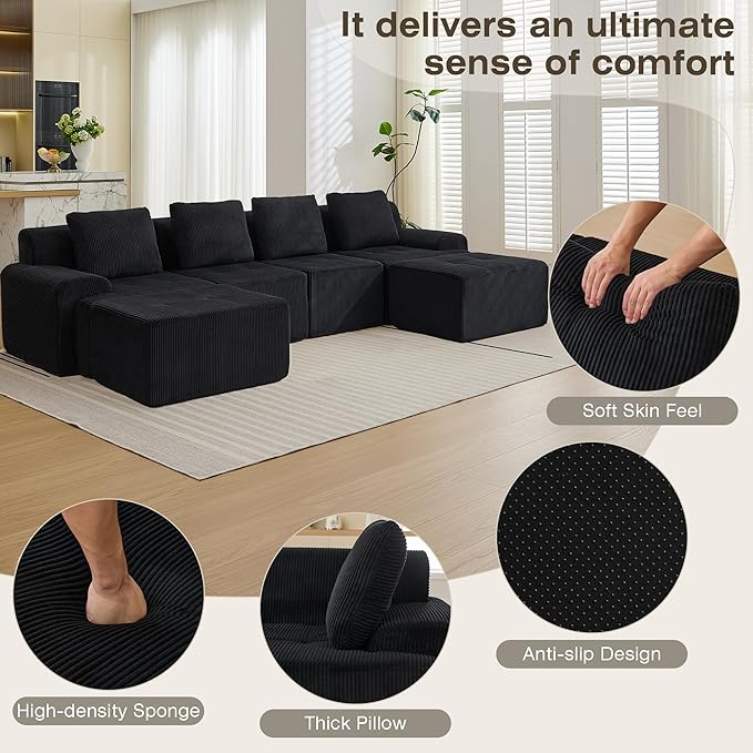 Modular Sectional Sofa, 6 Seat Modular Couch, Modular Sofa with Deep Seat and Detachable Pillow (Black, 6 Pieces-U Shape)