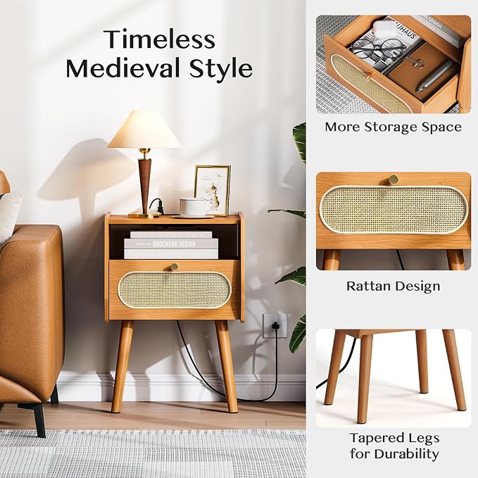 JOINICE Night Stand Set 2, Mid Century Modern Nightstands Drawer, Rattan Bedside Table with Charging Station, Boho End Table with Storage, Wood Bed Side Tables for Bedroom, Small Space, Cherry - Image 5