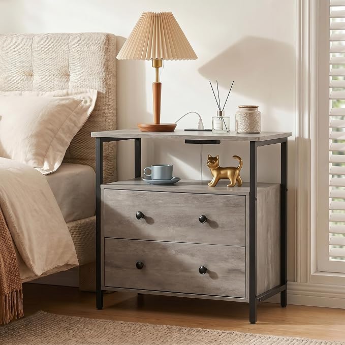 Edbuosy 27 inch Wide Night Stand with Charging Station, Bedside Table with Open Shelf, 2 Drawers Small Wood Dresser, Modern Wood Nightstand for Bedroom/Living Room (Rustic Gray) - Image 8