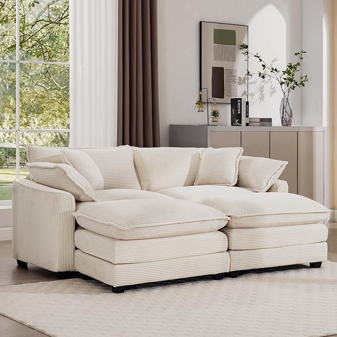 KEIKI 80" Oversized Corduroy Modular Sectional Loveseat Sofa with 2 Ottoman, High-Density Foam Cushions, Removable Armrests, Upholstered 2-Seater Corner Couch with 4 Pillow, for Living Room, Beige