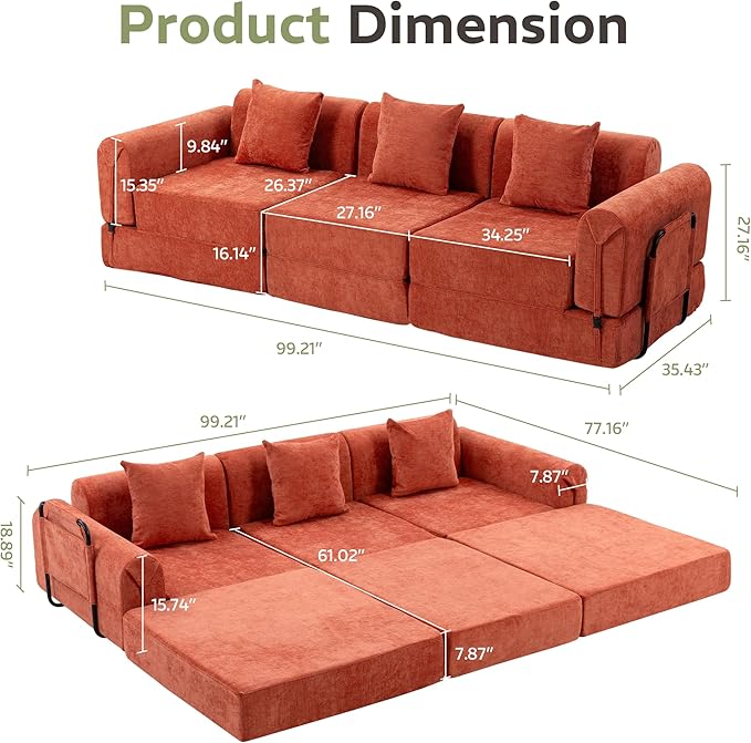 100" Convertible Sleeper Sofa Bed, Oversized Modular Sectional Cloud Sofa with Fixed-Shape Frame & Tabletop, Boneless Couch with Storage Pocket for Living Room, No Assembly Required, Orange