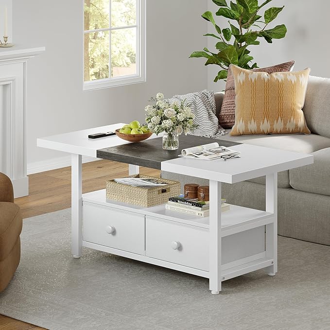 FABATO 2-Tier Coffee Table with Storage Shelf and 2 Drawers, 46'' Rectangular Center Table Wood Top for Living Room Reception Room, Metal Frame, Easy Assembly, Antique White