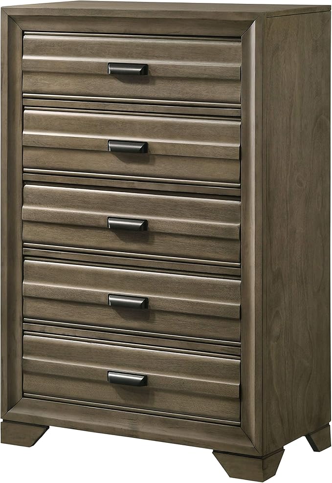Roundhill Furniture Loiret Light Grey Finish Wood Storage Platform Queen Bedroom Set with Dresser, Mirror, Two Nightstands, Chest