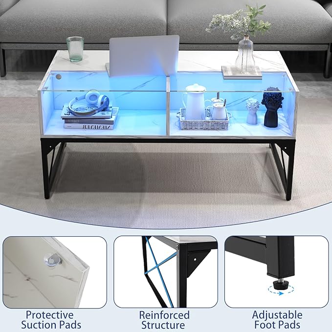 Tangkula LED Coffee Table, High Glossy Center Table with 4 Storage Cubes, Faux Marble & Tempered Glass Top, Adjustable Light Colors, Remote Control, Modern Cocktail Table for Living Room (White)