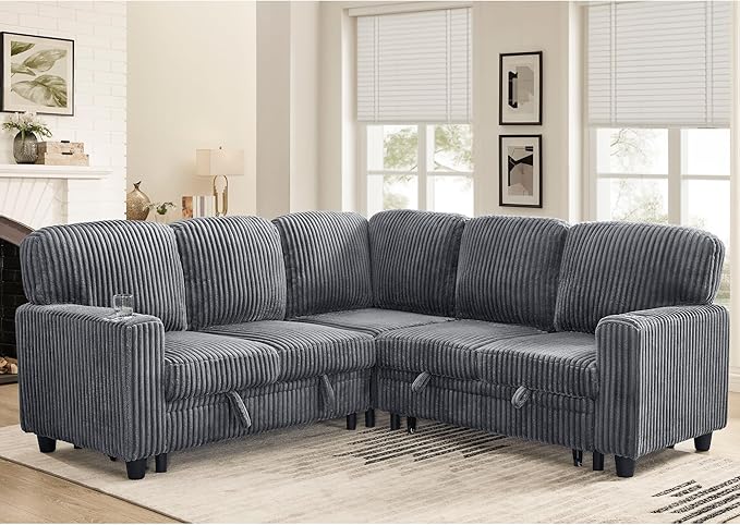 ERYE L-Shaped Symmetrical Sleeper Sectional Sofa W/Pull Out Sleeper Couch Bed and Storage Seat for Living Room, Corduroy Tufted Corner Convertible Sofa Bed with USB-C Ports