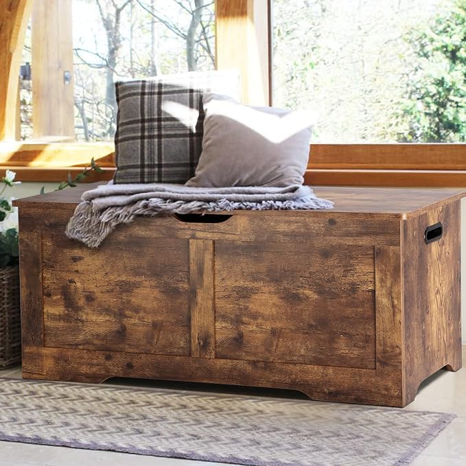 Timberer 39.4" Storage Chest, Wooden Storage Bench, Lift Top Toy Chest with 2 Safety Hinges, Large Toy Box, Entryway Bench for Living Room, Bedroom, Rustic Brown - Image 8