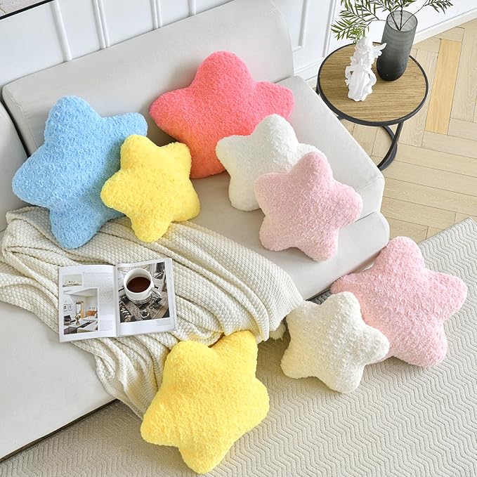 Star Pillow, 14.9" Star Shaped Plush Pillow for Couch Bed Sofa, Cute Decorative Throw Pillows with Soft Faux Fur Room Decor for Bedroom Living Room (White)