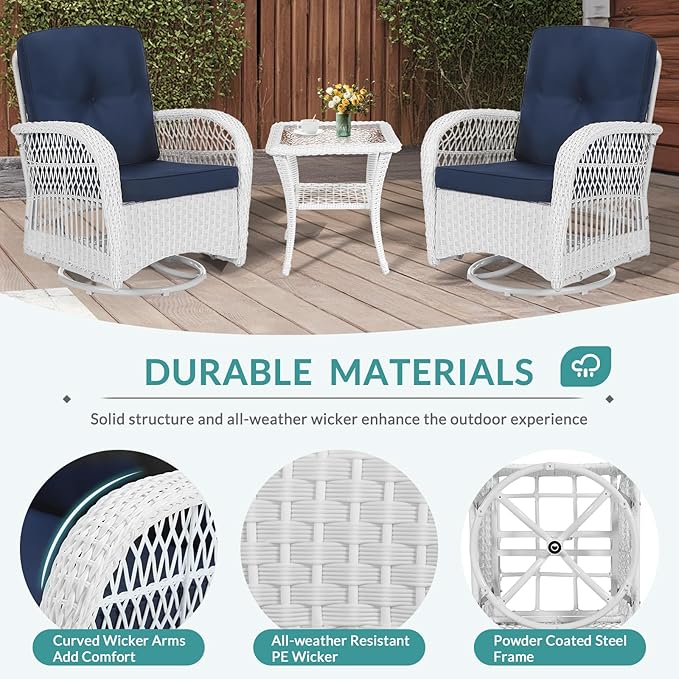 MEETWARM 5 Pieces Outdoor Patio Rattan Furniture Sets, All Weather Patio Wicker Conversation Set - 2 Rocking Swivel Chairs 1 Rattan Loveseat Glider with Cushions, 2 Coffee Table, White Wicker/Navy