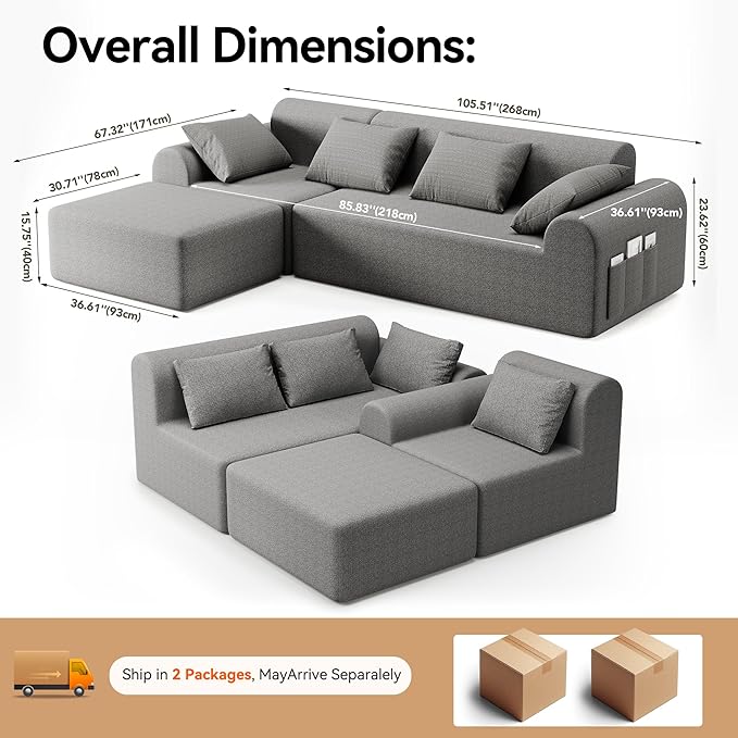 105.5" Cloud Boneless Sectional Sofa with Ottoman & 4 Pillows, L-Shaped 4-Seater Modular Couch for Living Room, Ultra Deep Seat Chenille Fabric Sofa, No Assembly Required, Light Grey