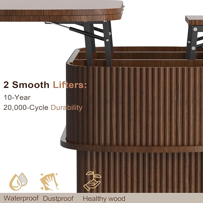 Lift Top Coffee Table with Large Storage,Lifting Converts to Dining Table,Oval Pop Up Coffee Table Fluted Wood Center Table for Living Room,Fully Assembled Space-Saving for Eating&Laptops