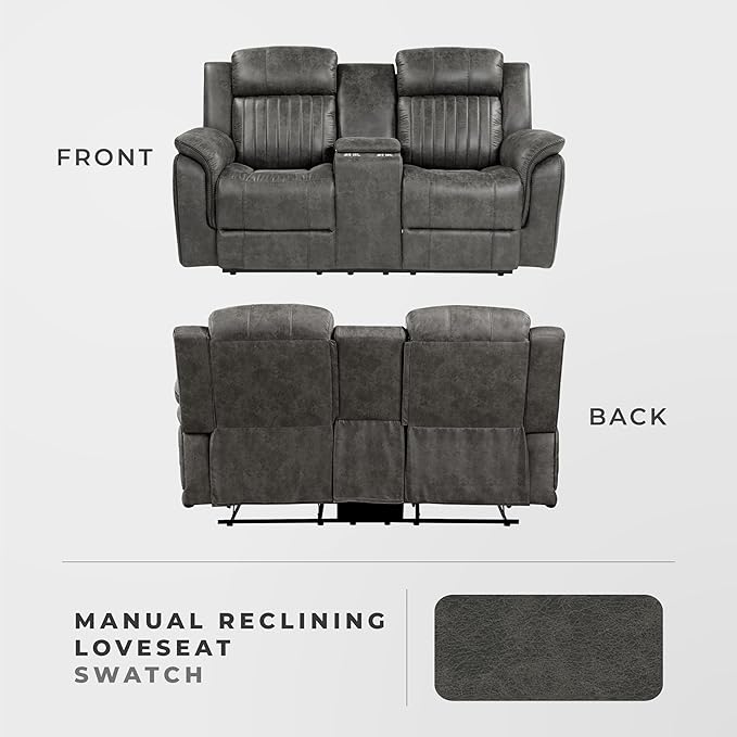 Lexicon 74" W Manual Double Reclining Loveseat with Center Console, Polished Microfiber Recliner Loveseat, Pillow Top Arms, for Living Room, Easy Assembly, Brownish Gray