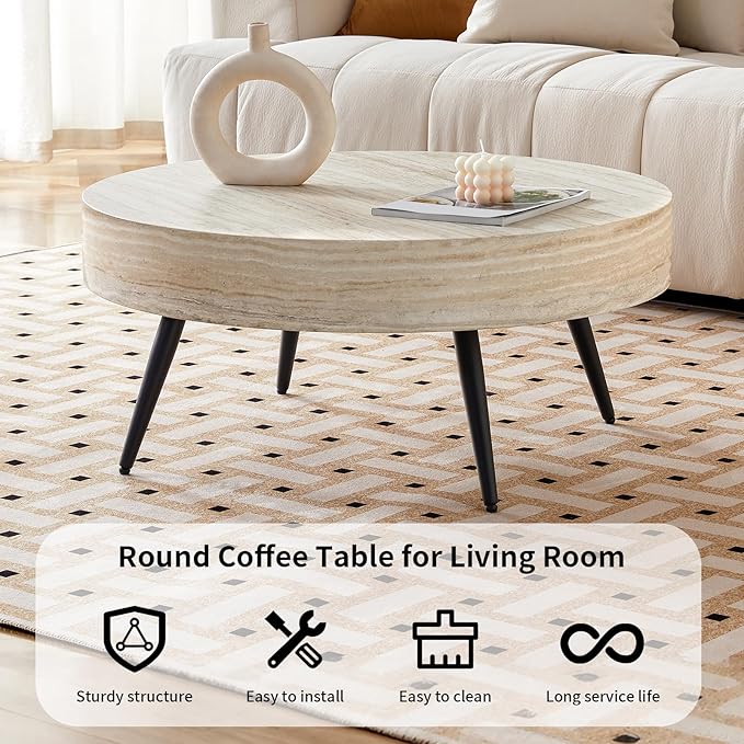 Round Coffee Table, Small Wood Stone Coffee Table with Storage, Modern Mid Century Circle Tables Accent Center Tables for Living Room Apartment Small Space (31.5''D-Stone Travertine Pattern)