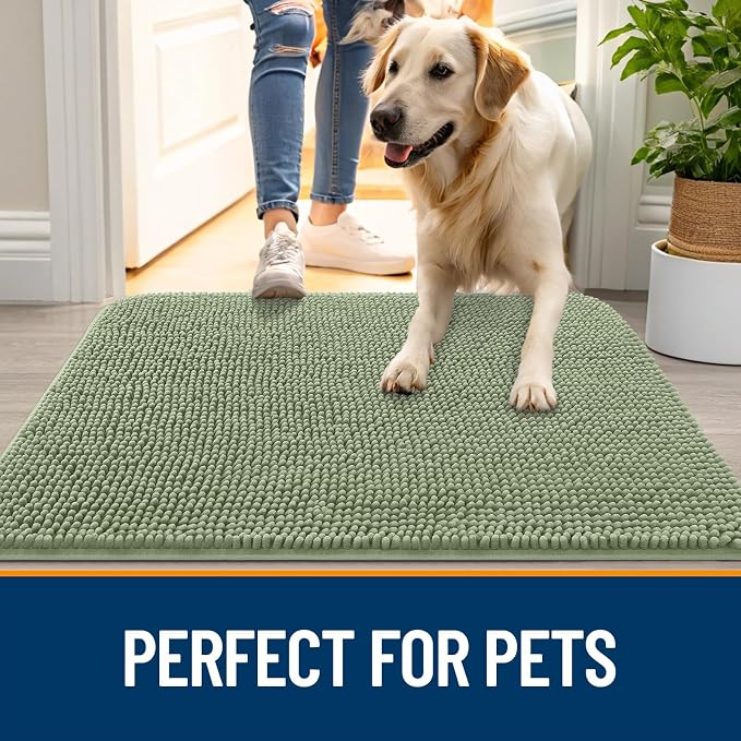 OLANLY Dog Door Mat for Muddy Paws 44x24, Absorbs Moisture and Dirt, Absorbent Non-Slip Washable Doormat, Quick Dry Chenille Mud Mat for Dogs, Entry Indoor Entryway Carpet for Inside Floor, Sage Green - Image 6