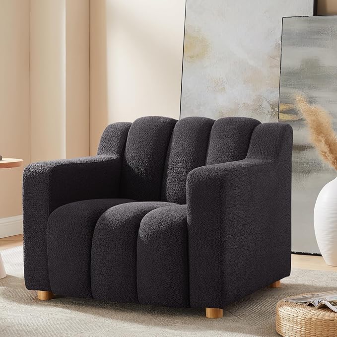 Modern Oversized Living Room Chairs, 40" Wide Boucle Accent Chairs with Deep Seat and Wooden Legs, Comfy Reading Arm Chair for Bedroom, Apartment, Dark Grey