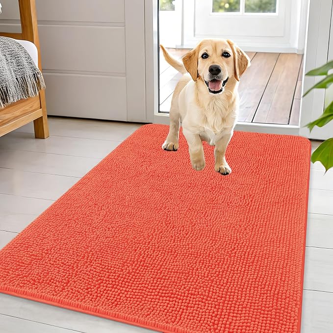 OLANLY Dog Door Mat for Muddy Paws 44x32, Absorbs Moisture and Dirt, Absorbent Non-Slip Washable Doormat, Quick Dry Chenille Mud Mat for Dogs, Entry Indoor Entryway Carpet for Inside Floor, Coral by OLANLY