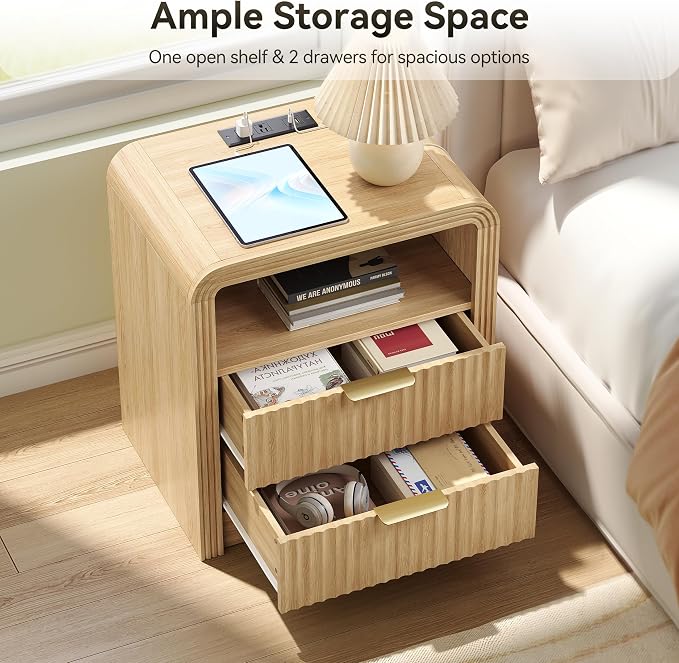 Decofy Fluted Nightstand with Charging Station, 19.7'' Wide Morden End Table with USB/Type-C Ports, 2 Drawers & Open Shelf, Curved Profile Design, Wood Bedside Table for Bedroom (Natural Oak) - Image 4