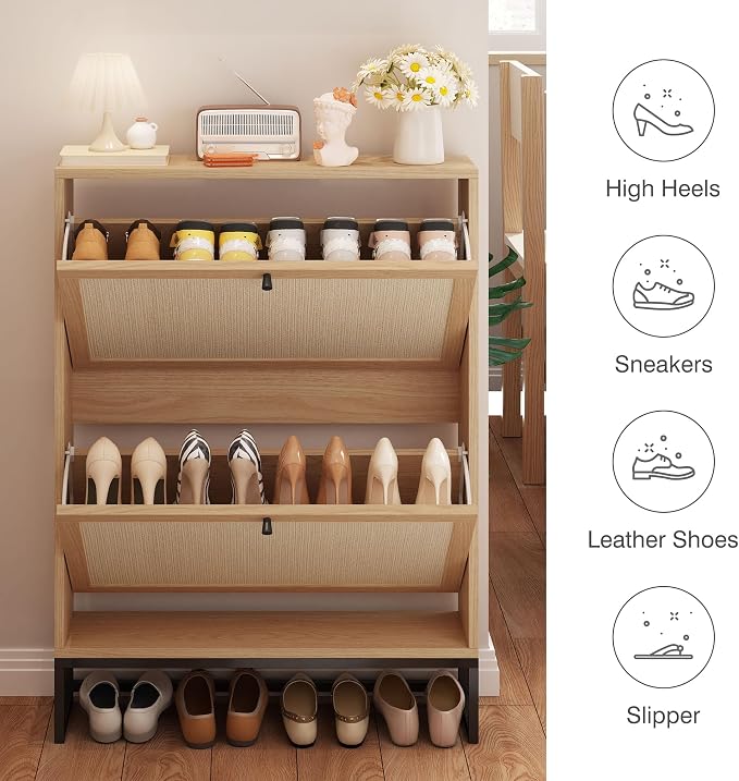 AVZEAR Narrow Shoe Storage Cabinet for Entryway with Natural Linen Panel, Freestanding Slim Shoe Cabinet with 2 Flip Drawers, Wood Shoe Organizer Closed Shoe Rack for Hallway, Living Room(Natural) - Image 4