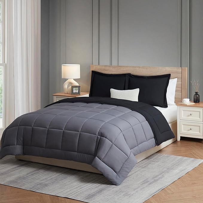 Nestl California King Size 3 Piece Quilted Down Alternative Comforter with 2 Pillow Shams, All Season Dark Grey